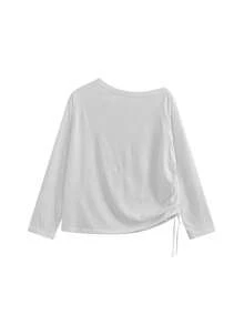 Printed Asymmetric Shoulder Long Sleeve T-Shirt Women's Summer Loose Sunscreen Shrug Shirt, Stylish & Versatile Lightweight Top - White - View 5