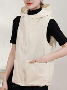 Nuovo stile casual per primavera/estate, gilet aderente da donna con cappuccio, cerniera e tasche, versatile e alla moda