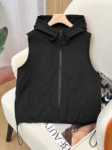 Blusa blanca casual sin mangas para mujer, nueva chaqueta con capucha con cremallera y cordón en unicolor, chaleco casual versátil y ligero sin mangas para mujer, primavera/verano negro - Negro - Ver 3