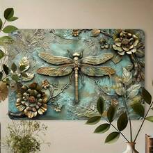 复古蜻蜓金属墙饰 - 3D 压花铁艺标志，花卉图案，蓝绿色背景，室内外装饰品，适用于家庭、咖啡厅、酒吧、图书馆、车库 - 12x8 英寸 - 彩色 - 查看 3