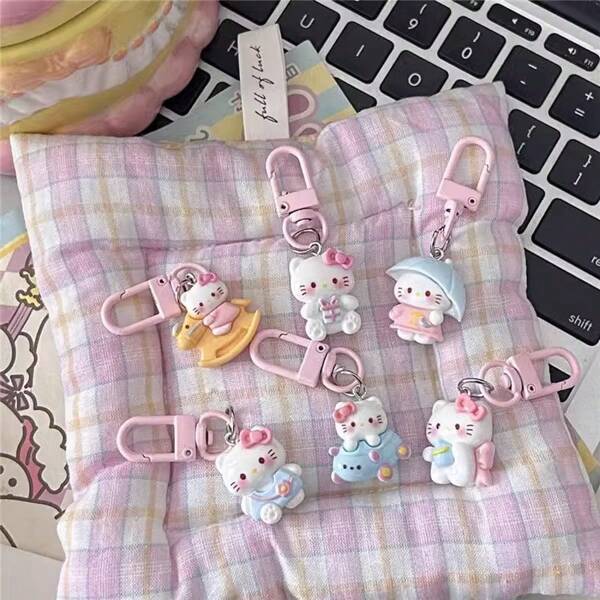 Sanrio 6pcs/Set (1 Of Each Design) Sanrio Cartoon Keychain, Kitty Cat Backpack Key Chains, Cute Couple Small Gifts, Keyring For Backpack, Graduation Gifts, Small Sanrio Keychain