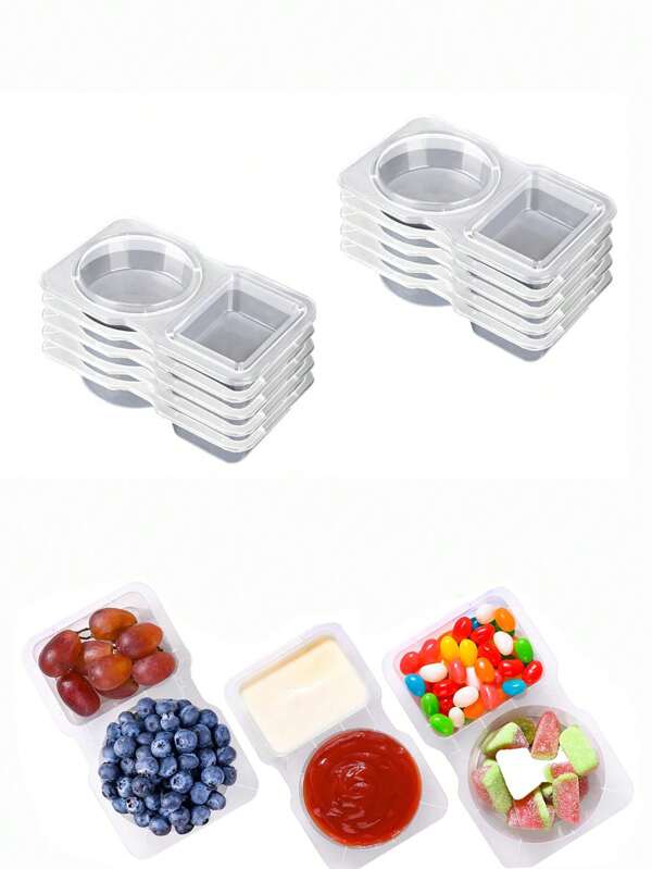 10PCS Snack Containers, Double Compartment Condiment Container, Reusable Dipping Containers With Lids, Dishwasher-Friendly,Portion Control Leakproof Snack Box,Plastic Sauce And Dip Serving Tray,For Refrigeration, Portion Control, Outdoor Takeaway Sauce Dip Case Cups,Travel, Snack And Meal Preparation, Sampling, On-The-Go Meals (Clear)