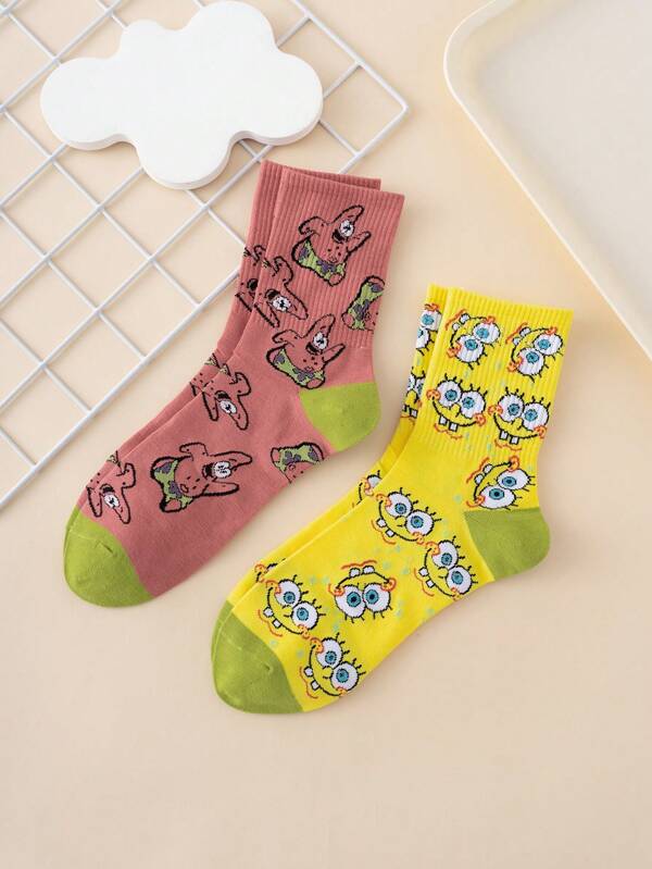 SPONGEBOB 2 Pairs Unisex Interesting Personalized Cartoon Cute Multicolor Jacquard Spongebob Series Contrast Color Pattern Mid-Calf Socks, Sports Style, All Season, European Sizing, Comfortable Breathable Durable, Vibrant Colors, Suitable For Daily Wear, Premium Fabric, Non-Sweating