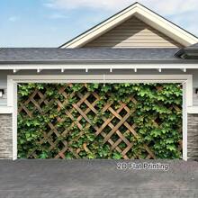 1pc Large Leaf Plaid Fabric Garage Door Cover - Elegant Green Leaf Design, No Power Needed, Suitable For Outdoor Parties, Photos And Celebrations, Decorative Garage Door Cover Fabric, Outdoor Decor