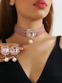 1pc Premium Geometric Square Fuchsia, Green, White, Black Crystal Beaded Necklace And 1 Pair Geometric Square Fuchsia, Green, White, Black Crystal Earrings, 2pcs Jewelry Set, Suitable For Evening Gown And Everyday Wear