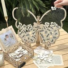 2025Hot SaleOurWarm Wedding Guest Book, Wooden Wedding Decor Guest Book With 50 Hearts, 50 Butterflies, Marker Pen, Wedding Decorations Reception Wedding Signs Anniversary, Ceremony