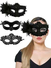 2 PIEZAS Máscaras de maquillaje de encaje negro y plástico diseñadas para hombres y mujeres, ofreciendo una opción elegante para eventos como bailes de máscaras, fiestas de Halloween, o celebraciones del Día de San Valentín