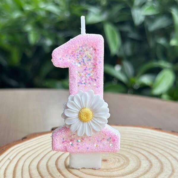 1 Lumânare cu Număr de Zi de Naștere, Tort cu Lumânare cu Flori Albe, Decor de Tort cu Lumânare cu Paiete, Potrivit pentru Articole de Sărbătoare Aniversară pentru Fete și Doamne