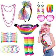 Costum de petrecere pentru femei, anii 1980, set de accesorii pentru ținute, anii '80, include borsetă, jambiere, cercei, mănuși plasă, colier, ochelari, brățară, bandă de susținere - Costum de petrecere/rochie retro anii '80, Halloween