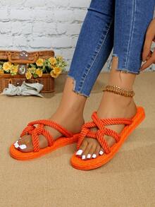 Women Flat Rope Sandals, Open-Toe Summer Dopaine, Full Orange Color Bright Cross, Slip-On Slippers Beach Vacation Braided Flax Sole - Orange - View 7