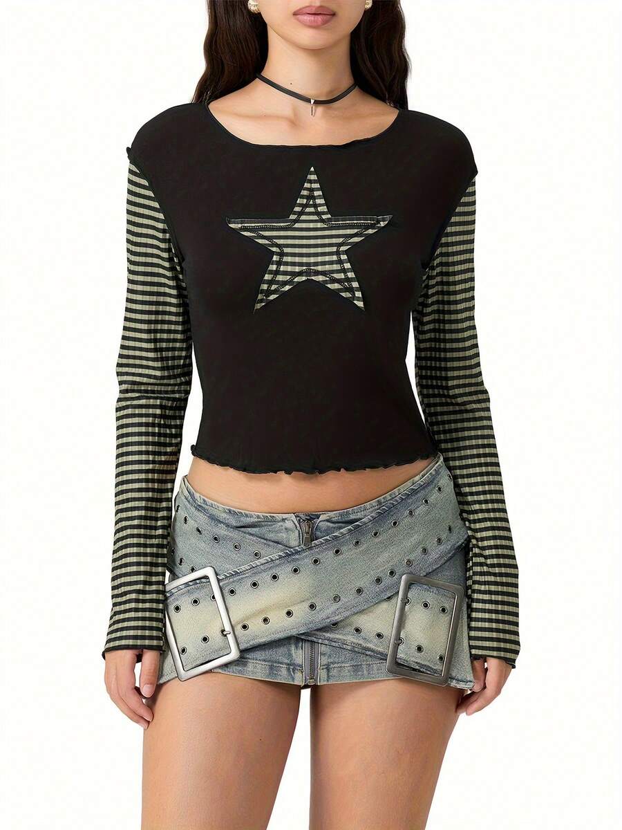 Women T-Shirt Long Sleeve Crew Neck Star Stripes Slim Fit Ladies Tops For Casual Daily