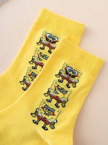 SPONGEBOB 1 Pair Unisex Funny Personalized Cartoon Cute Multicolor Jacquard Spongebob Expression Pattern Yellow Mid-Calf Socks, Sports Style, All Season, European & American Sizes, Comfortable Breathable Durable, Rich Colors, Suitable For Daily Wear, Premium Fabric, Non-Stuffy