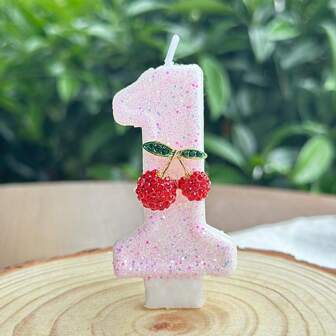 1 pieza Vela con número de cumpleaños, vela de cumpleaños con cereza, vela de pastel con lentejuelas como decoración, adecuada para celebraciones de aniversario de niñas y mujeres