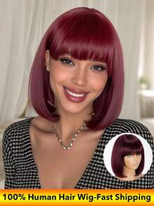 100% Brazilian Human Hair Wig Burgundy 99j Color Straight Bob Wig With Bangs Machine Made Wig Natural Color Human Hair Wigs Short Bob Fringe Wigs For Women - Màu Đỏ Sâu - Xem 4