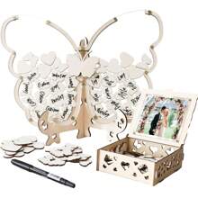 2025Hot SaleOurWarm Wedding Guest Book, Wooden Wedding Decor Guest Book With 50 Hearts, 50 Butterflies, Marker Pen, Wedding Decorations Reception Wedding Signs Anniversary, Ceremony
