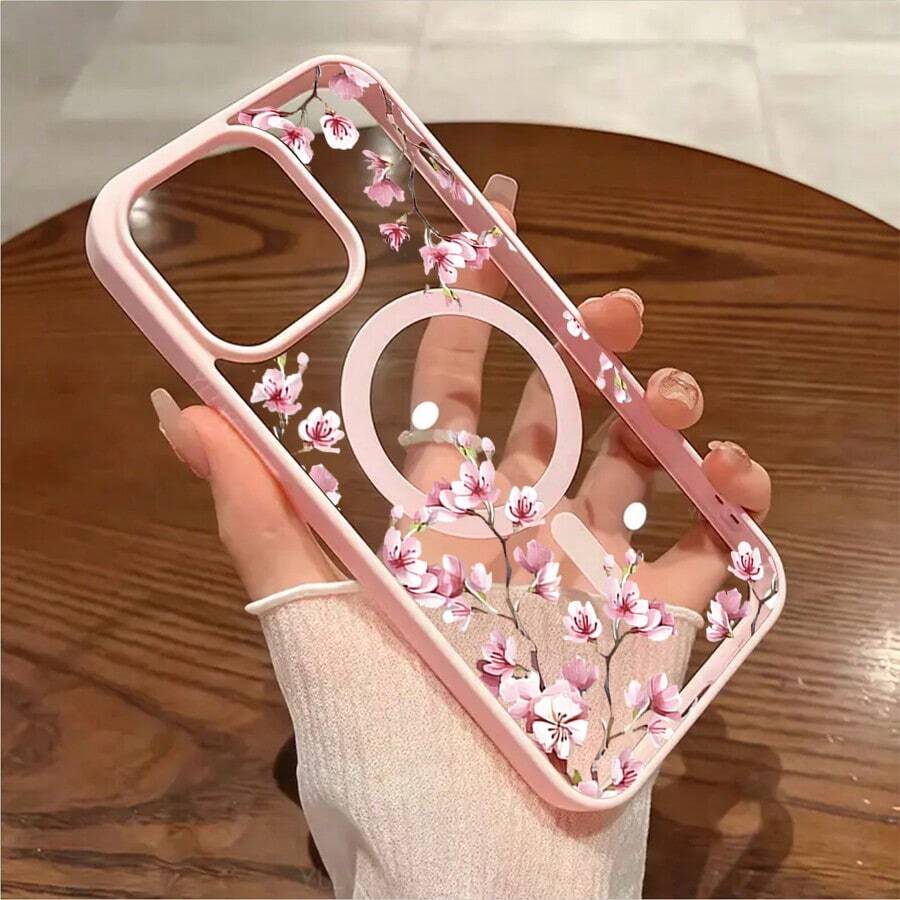 Pink Cherry Blossoms Elegant Floral Background Element Design Pink Magnetic Phone Case For IPhone 16/15/14/13/12/11/X/XS - Slim TPU Protective Cover, Anti-Slip & Scratch Resistant | Perfect Birthday Present For Her | Summer Gift Idea - 粉色 - 查看 1