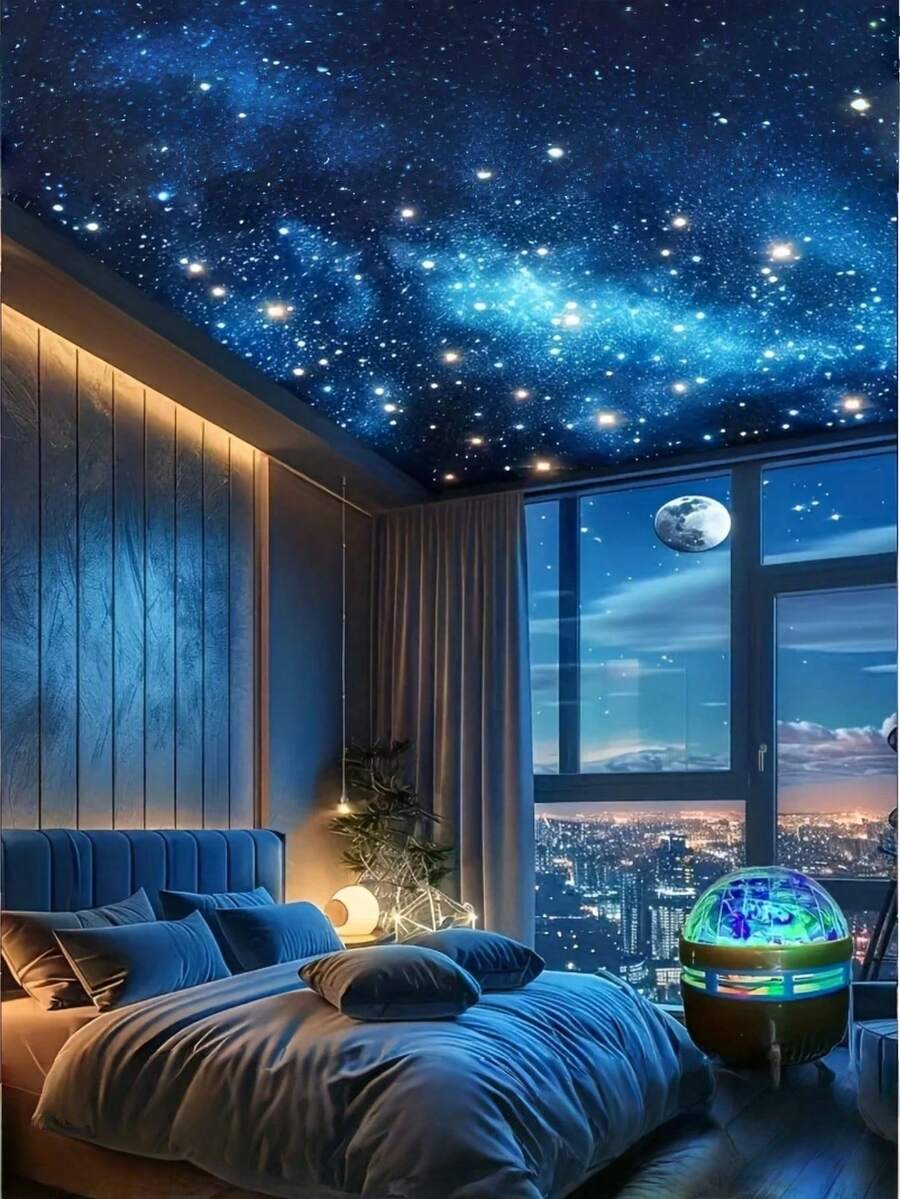 1pc LED Northern Lights Projection Lamp, Room Decoration, USB Port, Computer Accessory Peripheral, Wave Pattern Projection Lamp, Star Swirl Projection Lamp, With Remote Control, Bedroom Night Light Projector, Home Theater, Ceiling Projection, Camping, Wedding Decoration, Romantic Night Light, Birthday Gift - 黑色 - 查看 1