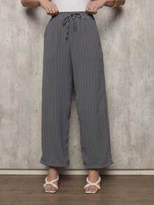 Women's Wide Leg Pants With Chalk Drawstring - 灰色 - 查看 1