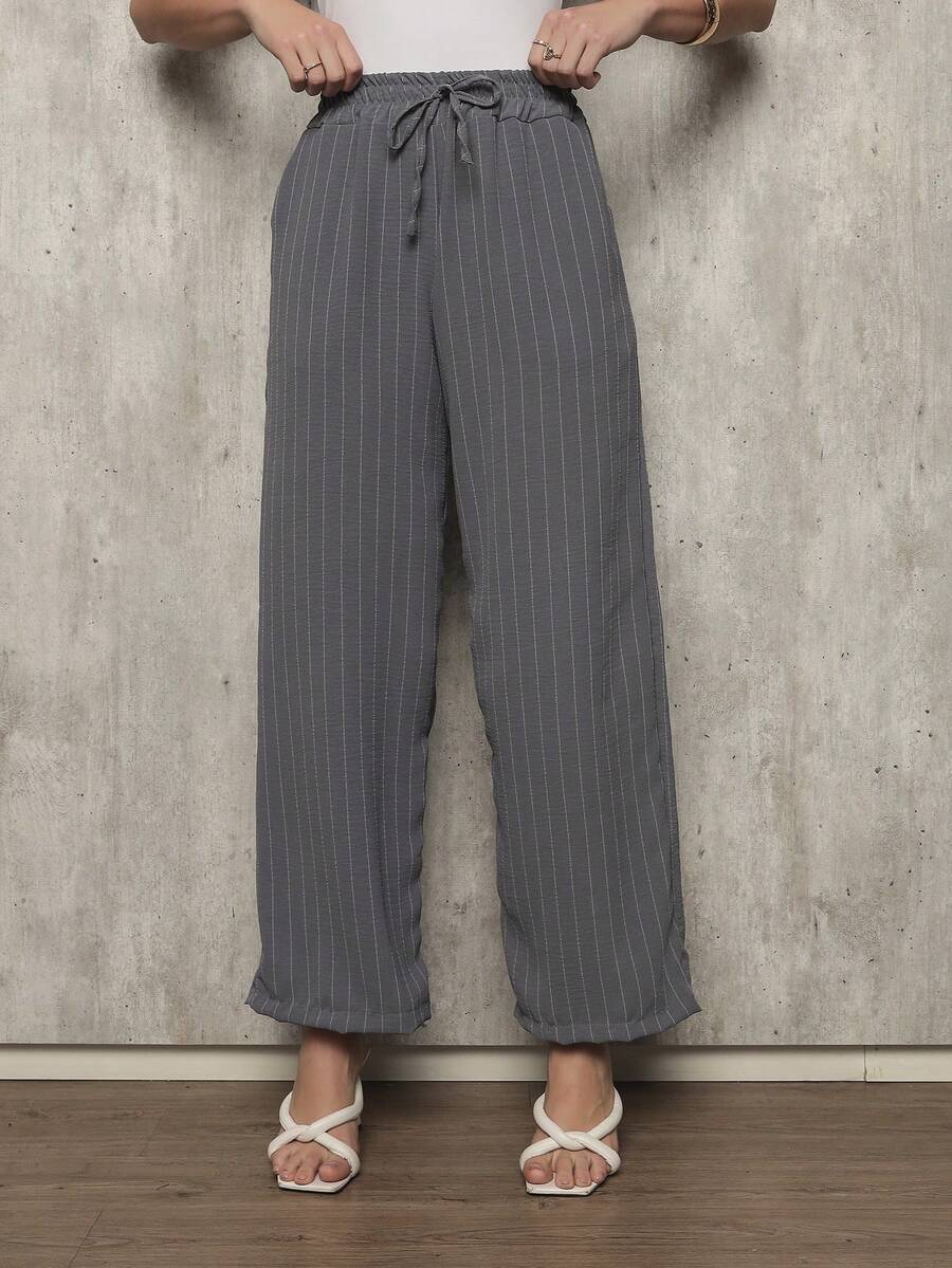 Women's Wide Leg Pants With Chalk Drawstring - 灰色 - 查看 1