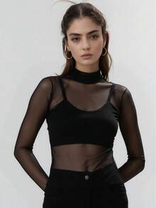 Set Of Tulle Blouse With High Neck + Black Top With Straps – One Size - Black - View 1