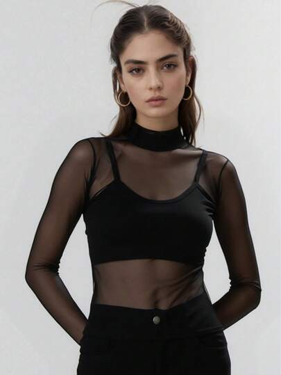 Gola Simulada blusa de Tule manga longa Malha Transparent Sem Sutiã