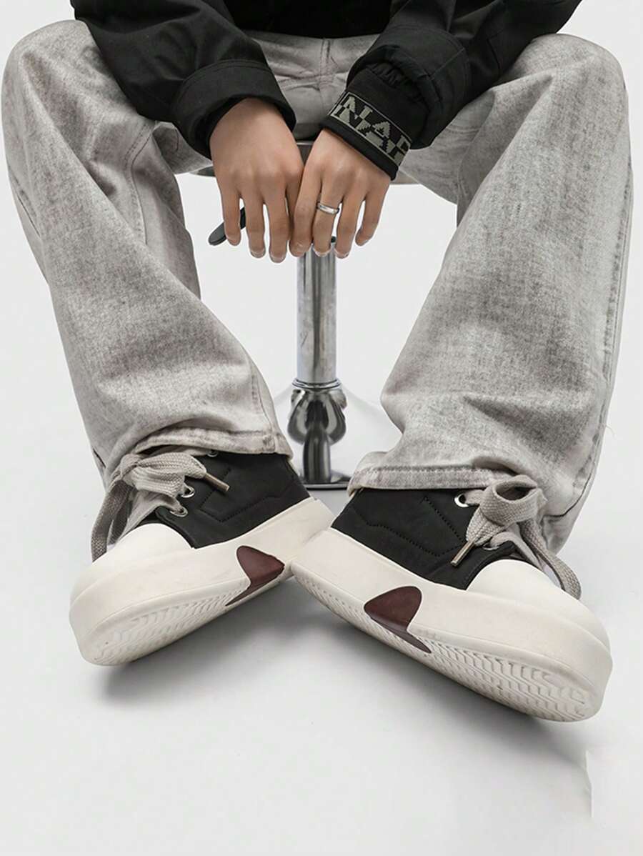 Tênis masculino vintage preto, sola grossa, versátil, moderno, esportivo, calçado para skate casual, masculino, calçado para jovens