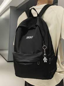 Casual Water-Resistant Letter Print Nylon Large Capacity Multi-Pocket Backpack, Unisex College Style Laptop Bag With Pendant, Suitable For School, Classes, Shopping, Travel