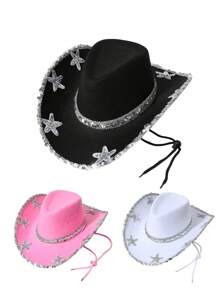 1 Stück Damen Cowboy Sonnenhut, leichter Stoff mit Pailletten-Seestern-Dekor, geeignet für Outdoor-Sonnenschutz, Strand, Western-Themen-Events, Partys, Rollenspiele, Abschluss, Maskeraden, Festivals, Hochzeiten, Geburtstage, Musikfestivals, Alltagsmode