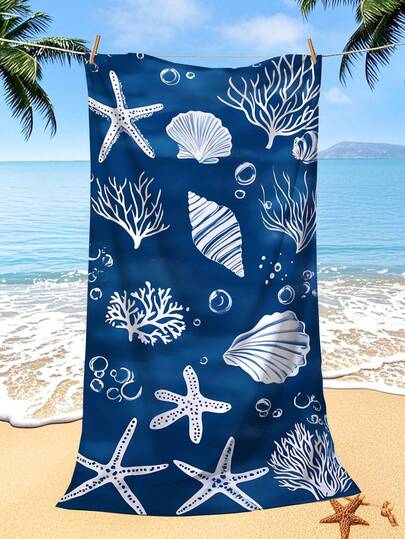 1 pieza Toalla de playa de fibra ultrafina de secado rápido, 250g/m², con estampado de conchas/estrellas de mar/coral, esterilla de playa multifuncional grande, esterilla de yoga, chal protector solar, adecuada para viajes, campamento y natación. Tamaños disponibles: 70*140cm/90*180cm