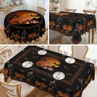 1pc Halloween Round/Rectangle Tablecloth - 60 Inch Polyester, Suitable For Halloween Decoration, Kitchen Party, Family Gathering And Picnic, Durable Tablecloth, Halloween Decor