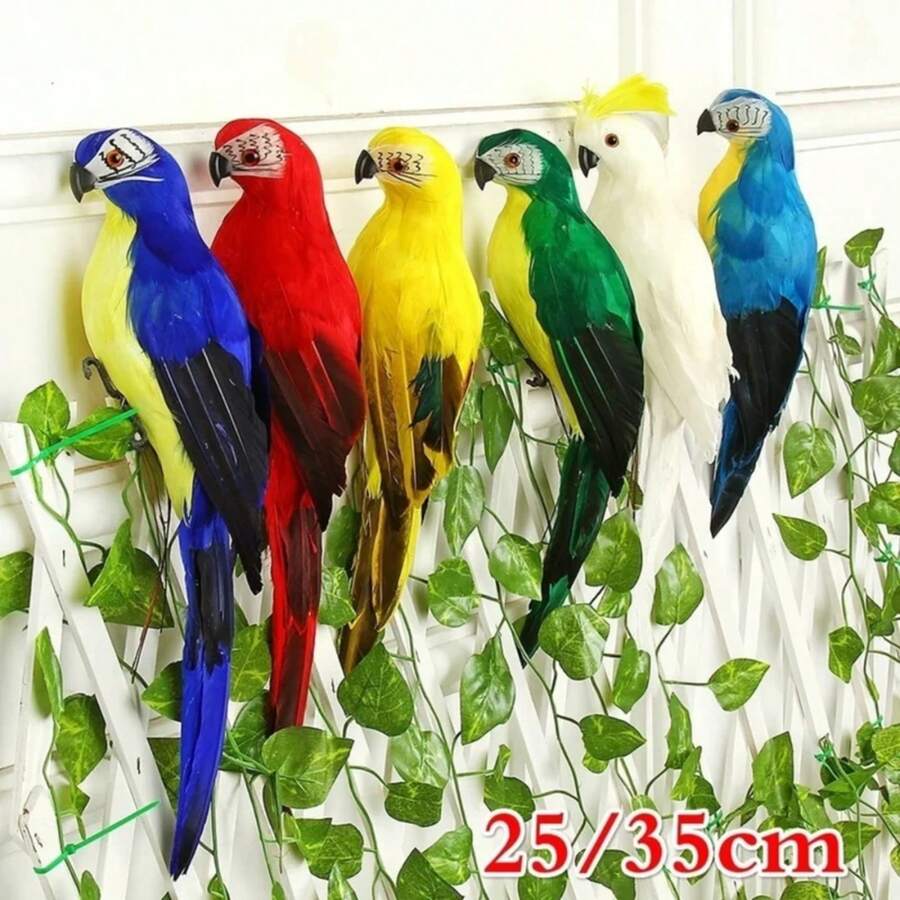 25/35cm Creativo Hecho a Mano Simulación de Loros Animales Pájaros Decoración de Jardín Accesorios Miniatura Pluma Adornos de Muñeca para el Césped - Rojo - Ver 1