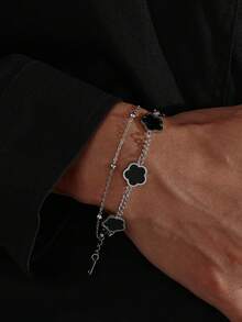 1pc Stainless Steel Men's Fashionable Five Leaf Clover Double-Layer Chain Bracelet For Daily Decoration - Bracelet - View 9