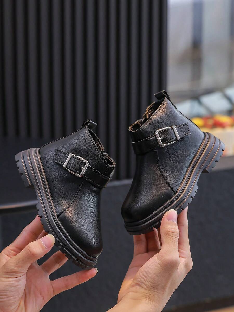 1 双女童时尚百搭防滑皮靴，适合秋冬季 - 黑色 - 查看 1