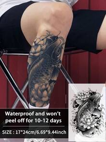 1Pc Fake Tattoo Temporary Tattoos Semi Permanent Tattoo Koi Carp Traditional Waterproof Sweatproof Last For 1-2 Weeks Realistic Herbal Juice Anti-Friction Non-Reflective Black For Woman And Men Tattoo Stickers For Arm, Chest, Leg, Abdomen, Waist, Finger, Neck, Spine, Modernist Body Art - Black - View 3