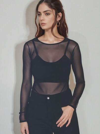 Gola Simulada blusa de Tule manga longa Malha Transparent Sem Sutiã