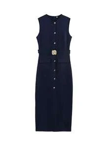 SHIBASHAN 女士优雅圆领无袖中长连衣裙，配腰带，休闲夏季单排扣吊带长裙