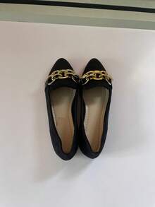 Ladies' Metal Chain Buckle Fashionable Pointed Flat Sole Single Shoes Comfortable Soft Sole One Foot Shoes Elegant Style Spring And Summer Daily Wear Black Ballet Flat Shoes Suitable For Commuting And Office Black Shoes - màu đen - Xem 9