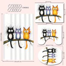 4 Stücke süße Cartoon Katzen Badezimmer Duschvorhang Set, beinhaltet Badematte, U-förmiger Toilettendeckel, wasserdichter Duschvorhang, modische Vorhangpaneele für Badezimmerdekoration, moderner Stil, keine Bohrung erforderlich, maschinenwaschbares Badezimmerzubehör für den Schulanfang