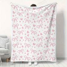 Chăn vải nỉ mềm mại có nơ hồng và họa tiết trái tim - Chăn thoải mái cho ghế sofa, văn phòng, cắm trại, mọi mùa - Trang trí nhà theo phong cách Châu Á, Chăn mọi mùa | Thiết kế theo phong cách Châu Á | In nơ hồng - Nhiều màu - Xem 4