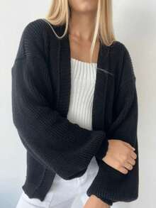 Women's Basic Knitted Coat Long Puff Sleeve Knitted Cardigan Winter Fashion - 黑色 - 查看 2