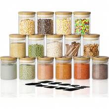 New  15 Piece Glass Storage Jars Set  Airtight Bamboo Lids And Labels,6oz Glass E Jar Mini Food Storage Containers For Home ,Pantry,Tea,Sugar,Salt,Cee,Flour,Herbs,Grains - 6盎司X15包 - 查看 1
