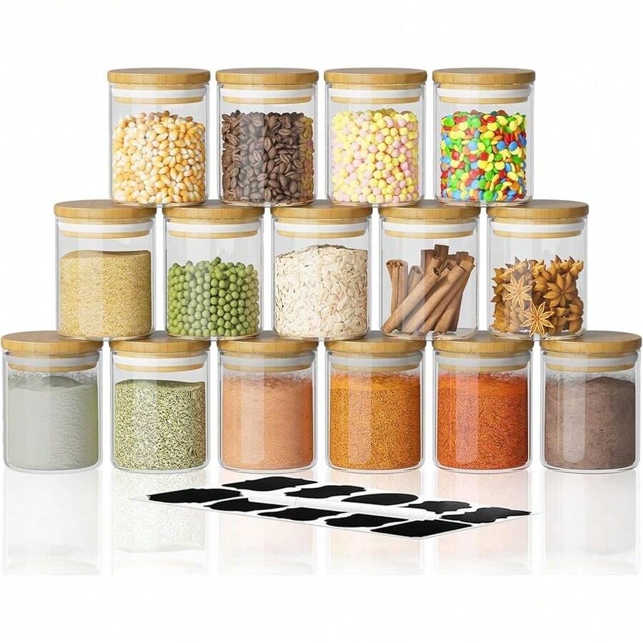 New 15 Piece Glass Storage Jars Set Airtight Bamboo Lids And Labels,6oz Glass E Jar Mini Food Storage Containers For Home ,Pantry,Tea,Sugar,Salt,Cee,Flour,Herbs,Grains - 6盎司X15包 - 查看 1