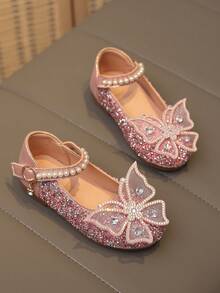 1 Pair Plus Size 2025 New Fashion Versatile Pink Girl Pearl & Rhinestone Bow Decor Cute Flat Shoes, Round Toe, Suitable For Daily Wear, Dancing, Outdoor In Spring & Autumn, Glitter Decoration Closed Toe Princess Ballet Flats, Run Small By Half Size