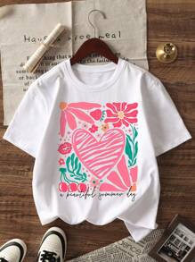 1 buc Tricou cu mânecă scurtă, cu guler rotund și imprimeu grafic casual pentru fete adolescente, îmbrăcăminte de vară pentru studenți - Tricou minimalist în stil englezesc care inspiră imaginația și exprimarea de sine