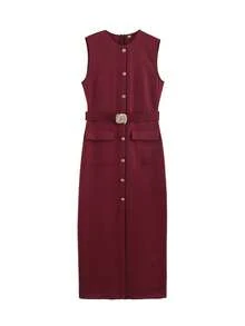 女士优雅圆领无袖长款连衣裙，配腰带，休闲夏季单排扣吊带长裙 - 深紅色 - 查看 3