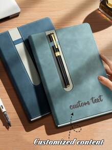 1 Stück A5 Notizbuch mit Stifthalter Design für einfaches Tragen, personalisiert mit Laser-gravierten Wunschtext, exquisites Büro Notizbuch, geeignet für Schule und Büro, das ideale Abschlussgeschenk