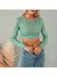Blusas de fiesta para mujer con mangas largas, cuello redondo, llenas de lentejuelas brillantes y destellos - azul - Ver 3