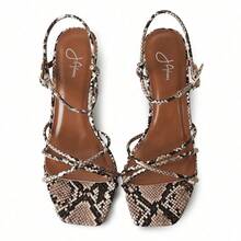 Women Strappy Square Toe Chunky Block Mid Heel Sandals – Cute Elegant Buckle Strap Heels For Spring/Summer Weddings, Bridesmaid, Date Night, Party, Prom & Business Casual Wear [Size Up Half Size] - 蛇紋PU - 查看 3