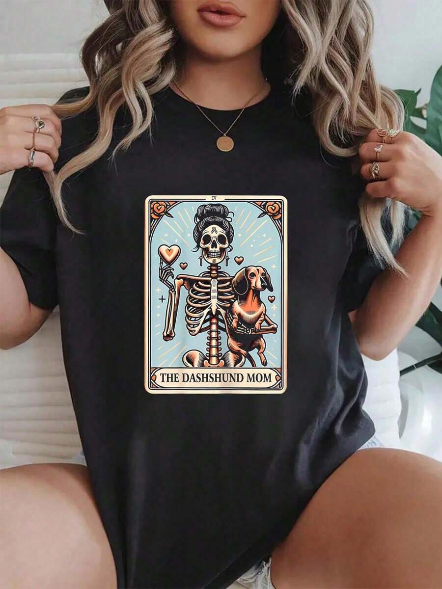 Valentine's Day Dachshund Mom Tarot Card Skeleton Doxie Mama Women Graphic T-Shirt Cotton Print Short Sleeve Casual Top, Summer Tee Womens Tops - 黑色 - 查看 1