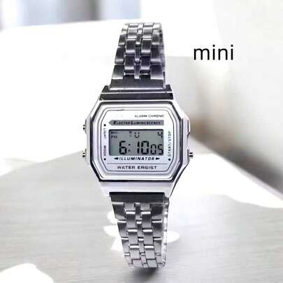 Relógio Mini Vintage Retrô Premium Digital Prata Rose Unisex Linha